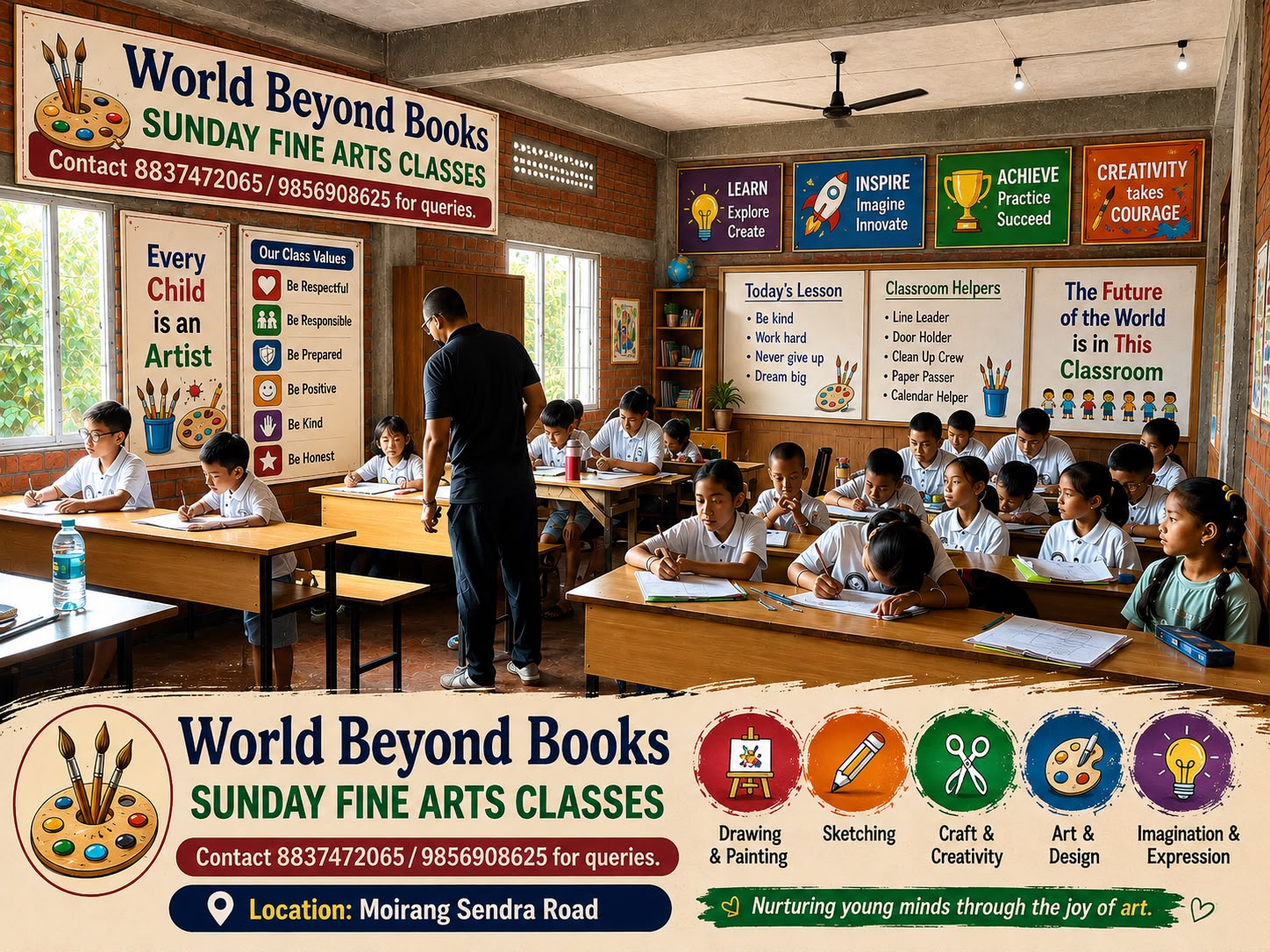 Children learning in a World Beyond Books fine arts classroom